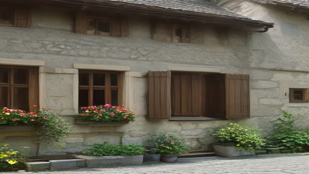 Façade d'un immeuble ancien à volets en bois dans une ville de Suisse romande