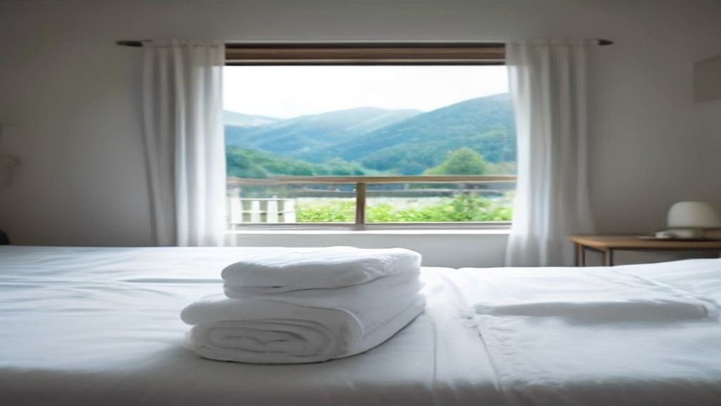 Préparation du linge dans une chambre d'hôtes alpine avant l'arrivée des voyageurs
