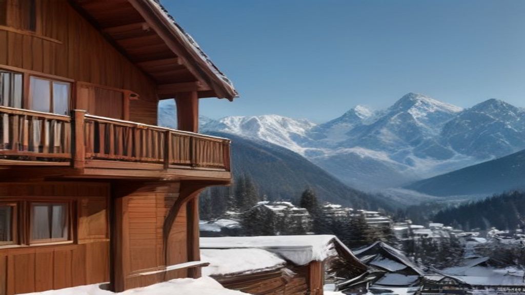 Façade d'un chalet en bois avec balcon fleuri devant les montagnes du Valais