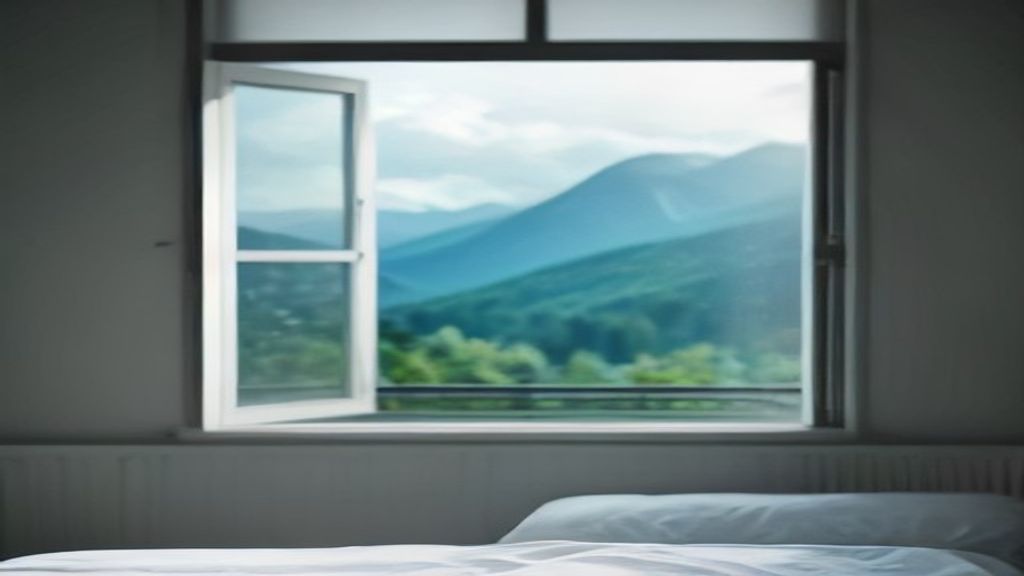 Préparation du linge de lit dans une chambre d'hôtes avec vue sur les Alpes