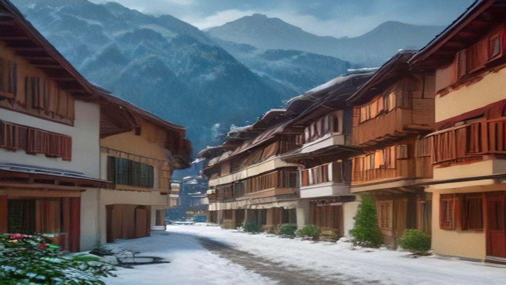 Façades de maisons traditionnelles suisses avec balcons fleuris devant les montagnes