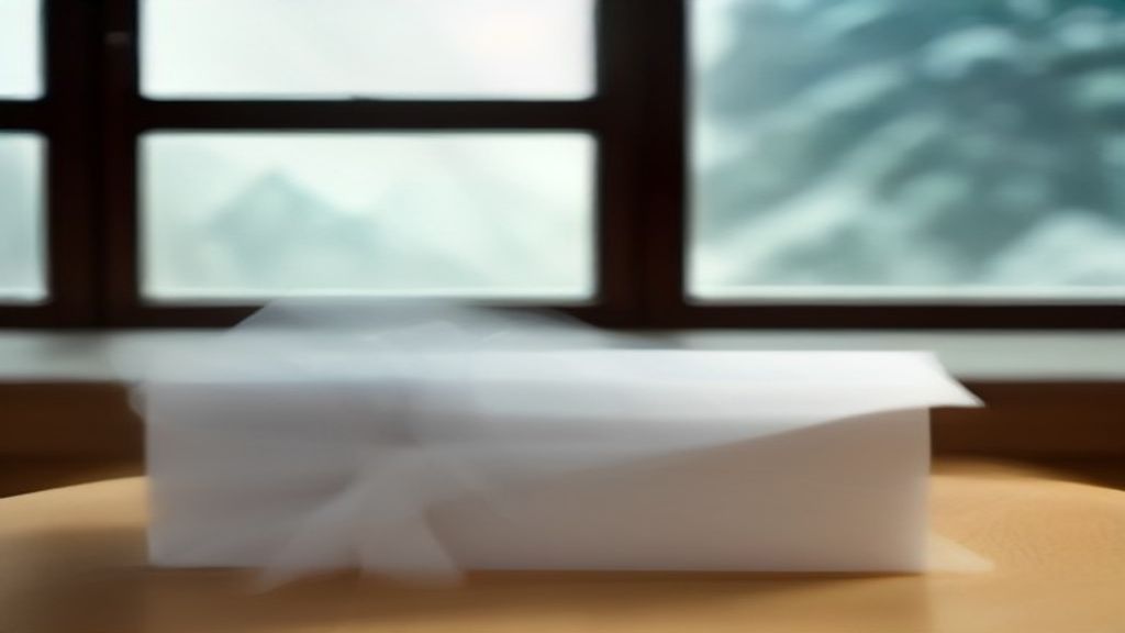Carte cadeau posée sur un paquet cadeau dans un salon avec vue sur les montagnes