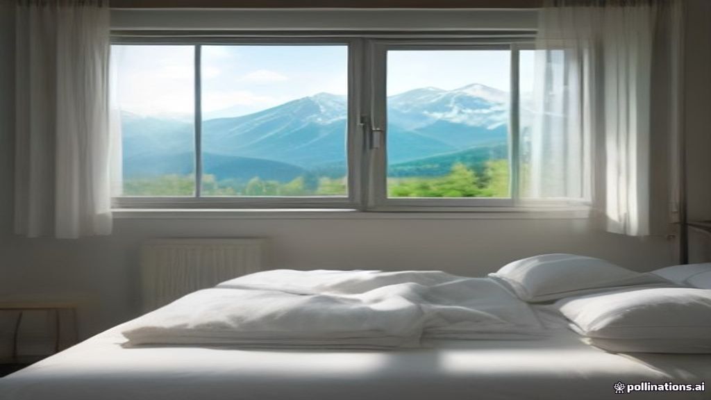 Lit fait avec serviettes blanches pliées dans un appartement lumineux à Genève, vue sur le lac et les montagnes