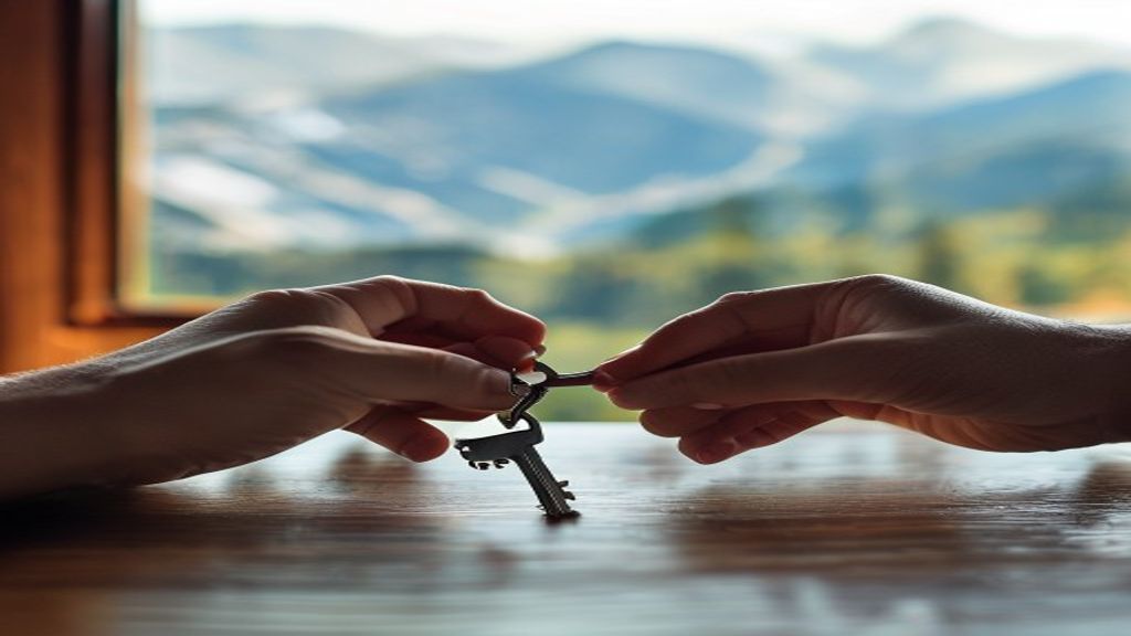 Mains tendant des clés de logement au-dessus d'une table en bois, symbole de la location Airbnb
