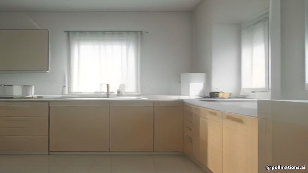 Cuisine propre et rangée d'un appartement en location, tasses et corbeille de fruits prêtes pour l'accueil