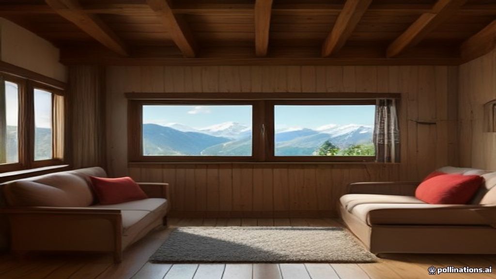 Salon lumineux et soigné d'un chalet suisse avec poutres en bois, canapé et vue sur les Alpes enneigées