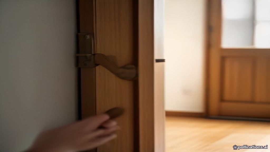 Main tendant un trousseau de clés avec porte-clés en bois devant la porte d'un appartement
