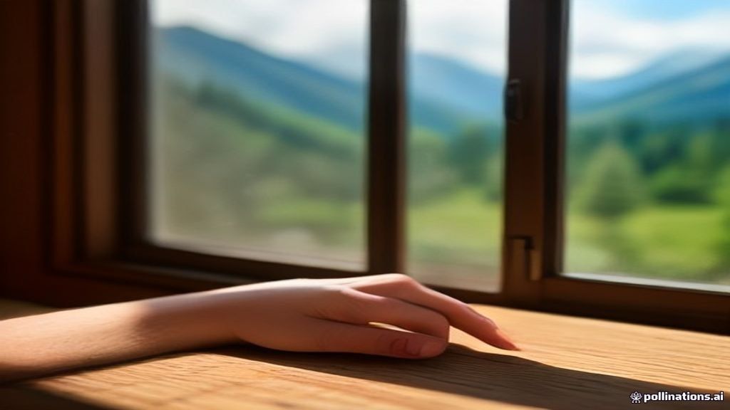 Mains ajustant une étiquette en bois sur une table de chevet dans un chalet suisse, montagnes visibles par la fenêtre