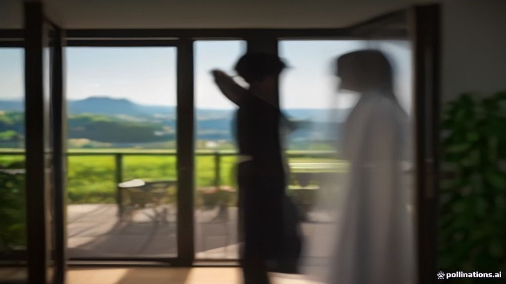 Silhouette de dos d'un hôte tendant des clés d'appartement sur le pas de la porte, lac Léman et vignes en arrière-plan