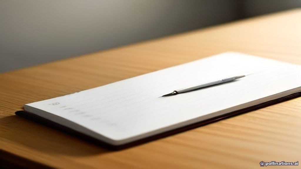 Mains tenant un stylo au-dessus d'un carnet vierge, sur une table en bois dans un appartement lumineux