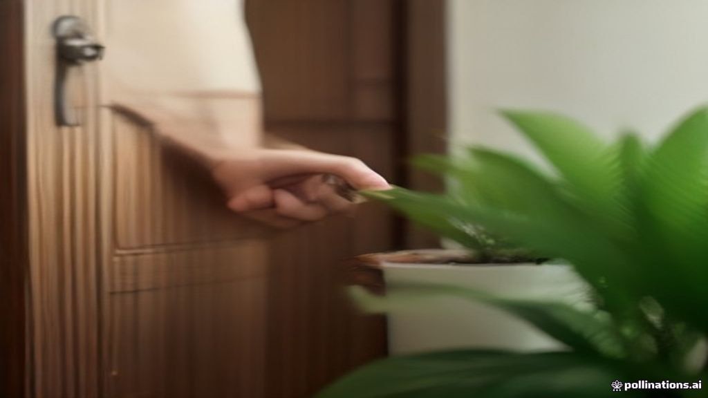 Mains d'un hôte déposant un trousseau de clés sur une console d'entrée en bois, à côté d'une plante