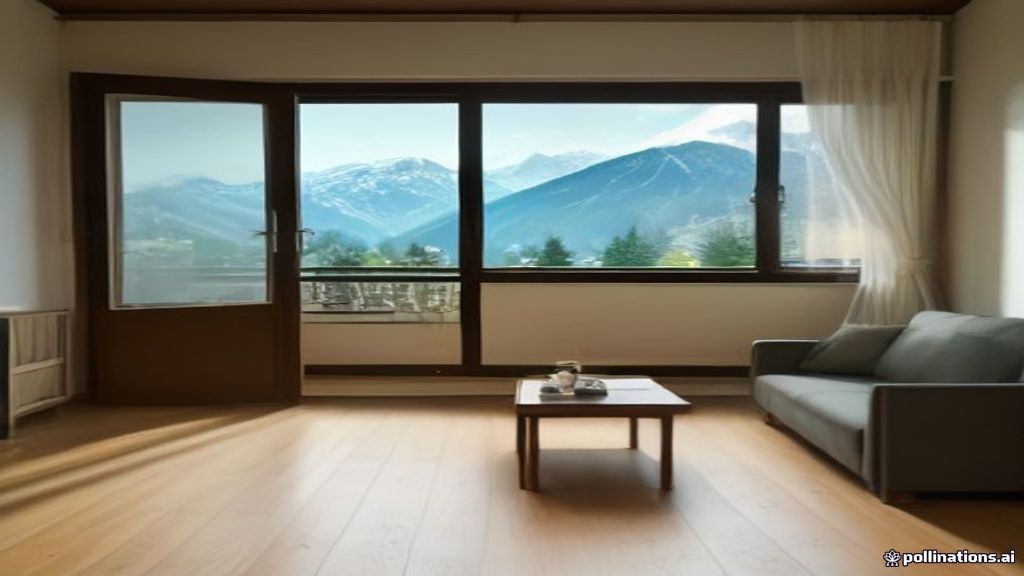 Salon meublé et lumineux d'un appartement suisse avec vue sur les Alpes
