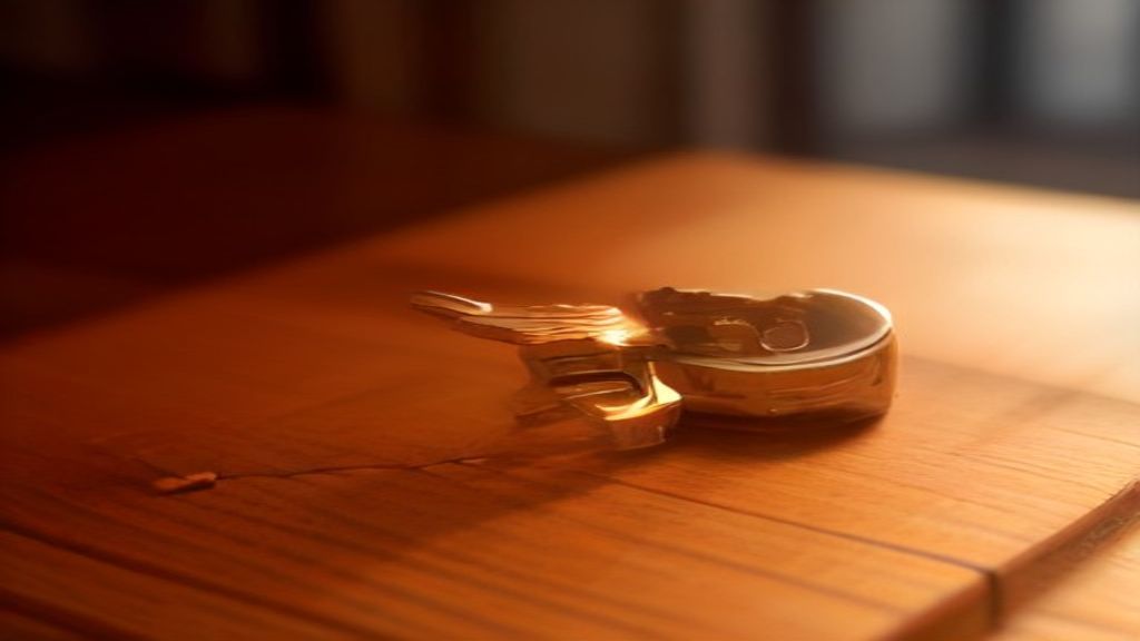 Deux clés identiques posées côte à côte sur une table en bois, intérieur de chalet suisse en arrière-plan