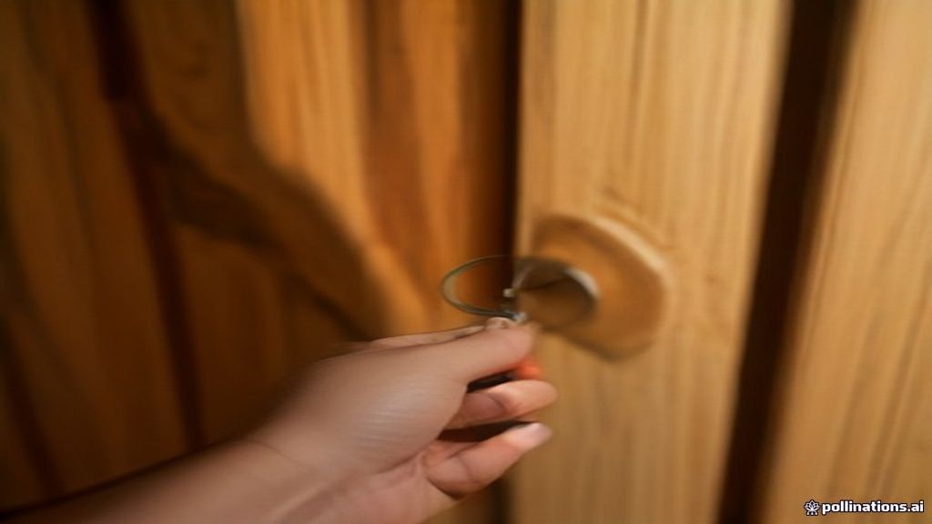 Main tenant un trousseau de clés devant la porte en bois d'un chalet