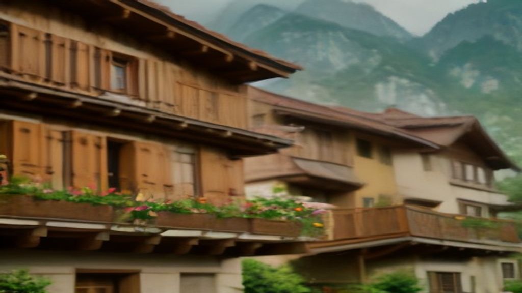 Façade d'un chalet suisse avec balcons fleuris et montagnes en arrière-plan