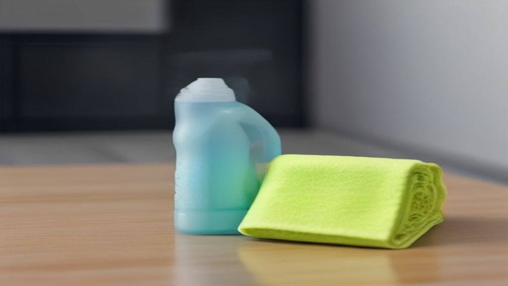 Panier de ménage avec produits et chiffons microfibre posé sur le plan de travail d'une cuisine de location Airbnb