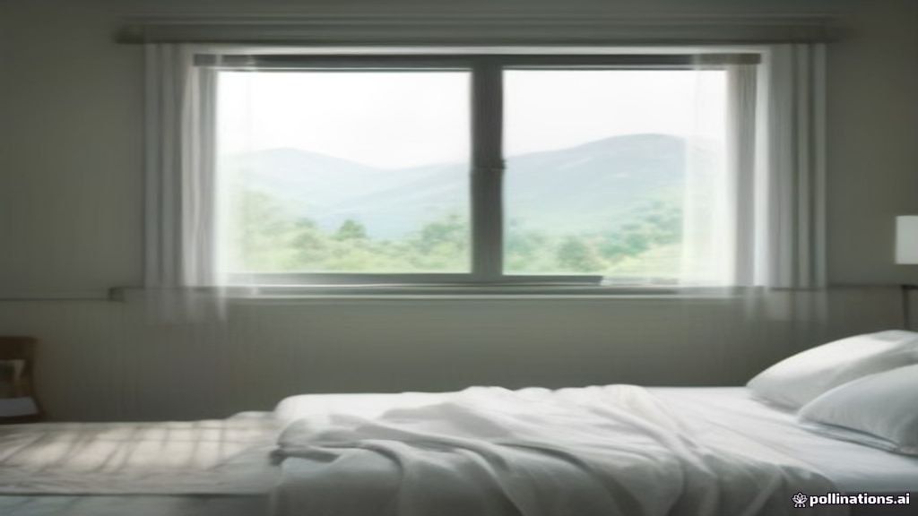 Lit fait avec serviettes blanches pliées dans une chambre d'hôtes avec vue sur la montagne