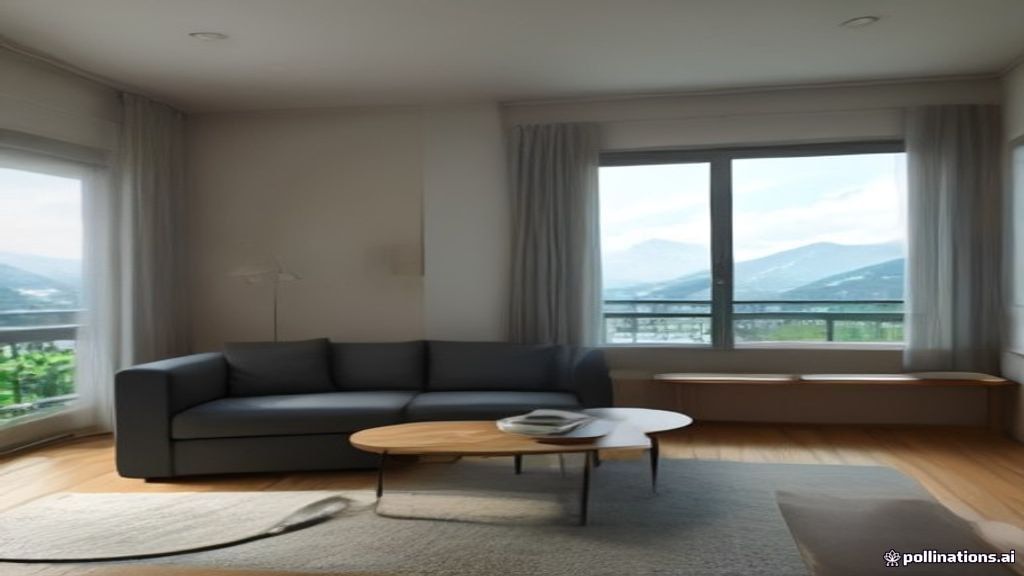 Salon meublé lumineux d'un appartement en Suisse avec canapé gris robuste, table basse en bois et vue sur les Alpes