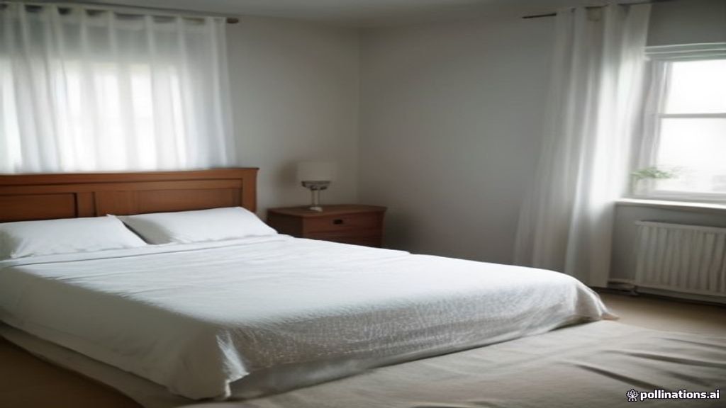 Chambre de location meublée avec lit double, linge blanc, table de chevet en bois, lampe et armoire