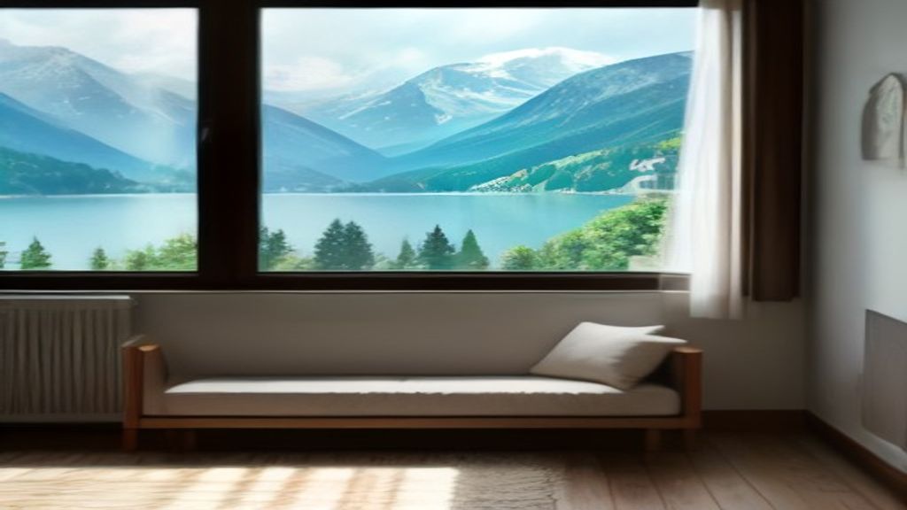 Salon meublé d'une location de courte durée avec vue sur le lac et les Alpes
