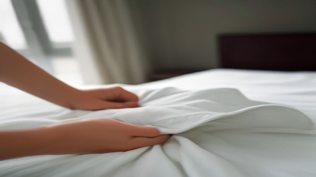 Mains déposant du linge propre plié sur le lit d'un appartement de location