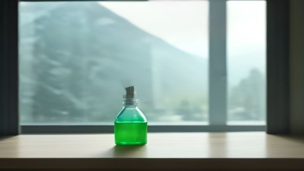 Produits d'entretien sans étiquette sur un plan de cuisine avec vue sur les Alpes