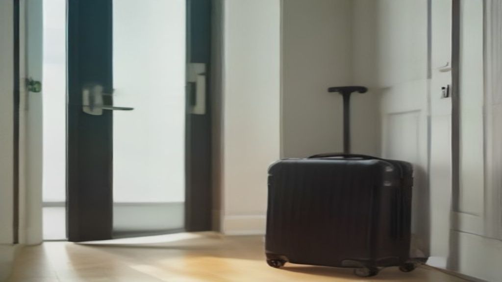 Valise prête au départ devant la porte d'un appartement meublé, symbole d'annulation de séjour