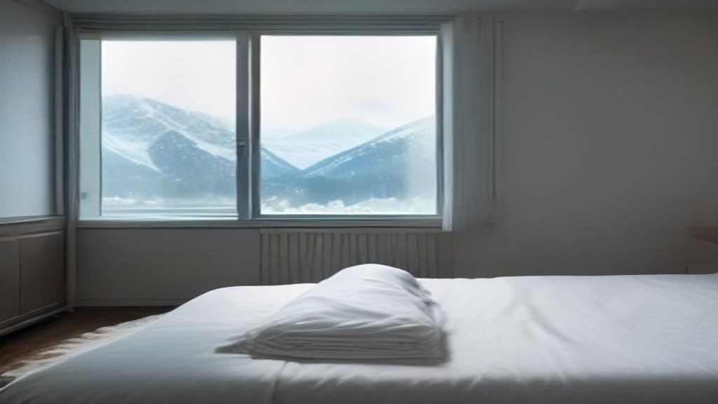 Chambre de location vide avec lit fait et linge plié, vue sur les Alpes suisses