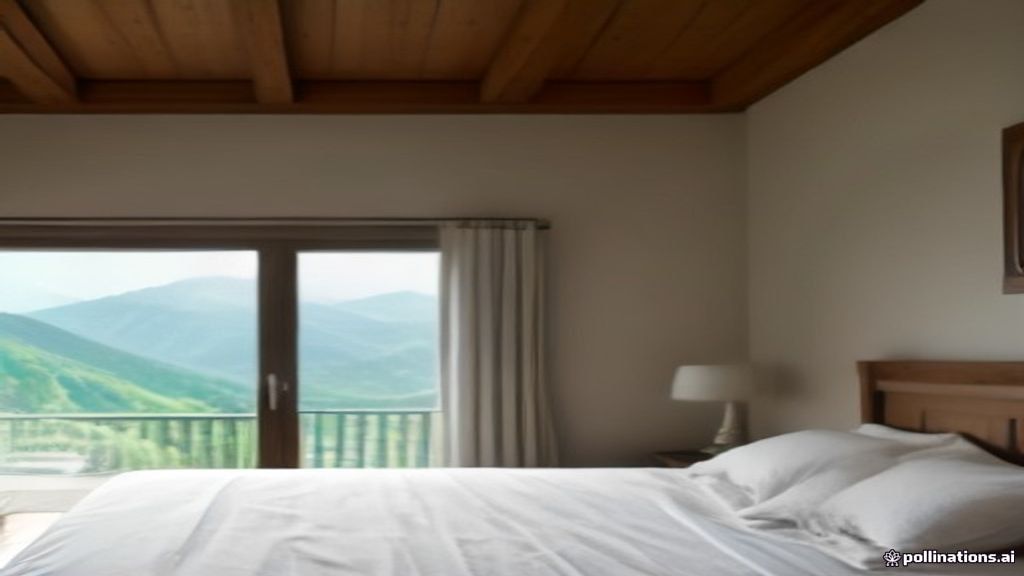 Chambre d'un logement de vacances en Suisse romande, lit fait et serviettes pliées, vue sur les montagnes