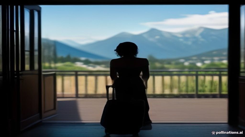 Voyageur vu de dos quittant un logement avec sa valise, devant une entrée de chalet suisse avec les montagnes en arrière-plan